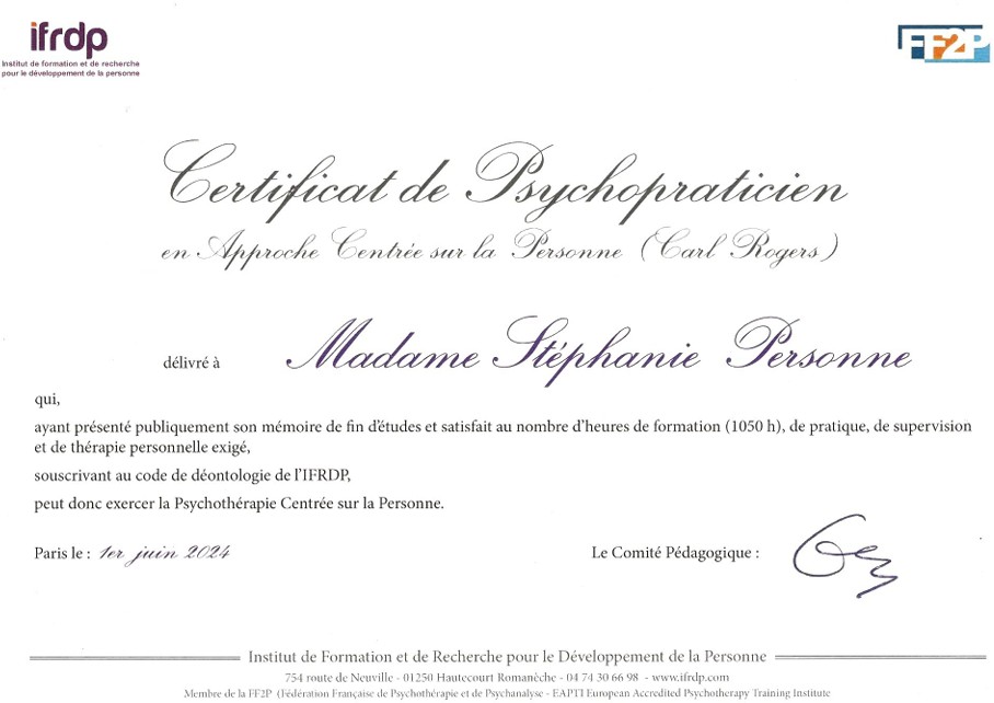 Certificat de psychopraticienne IFRDP - Stéphanie Personne